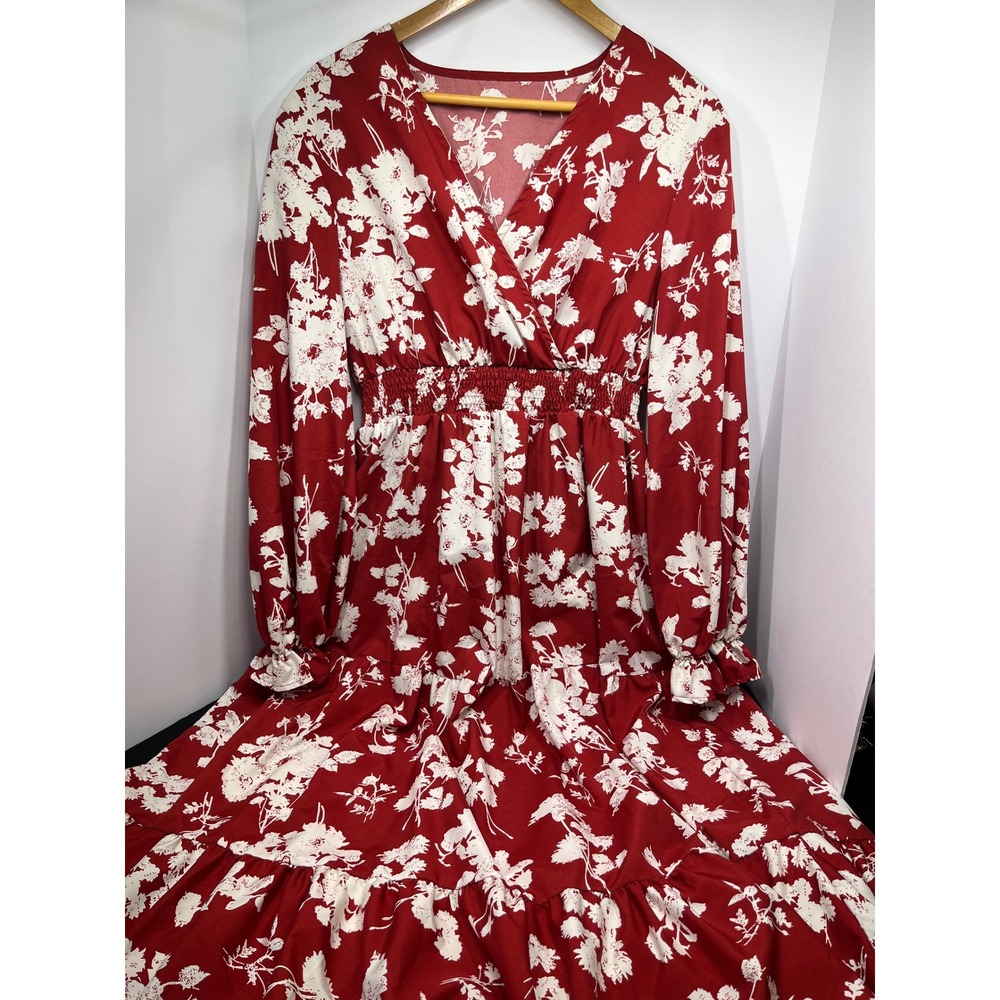 SHEIN Red White Floral Maxi Dress Long Sleeve Smocked Waist Tiered Ruffle XL